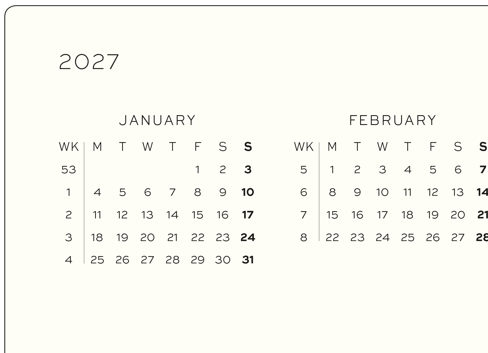 Jahresübersicht 2027 Englisch. Detailansicht der Monate Januar und Februar einer Jahresübersicht 2027 auf Englisch.