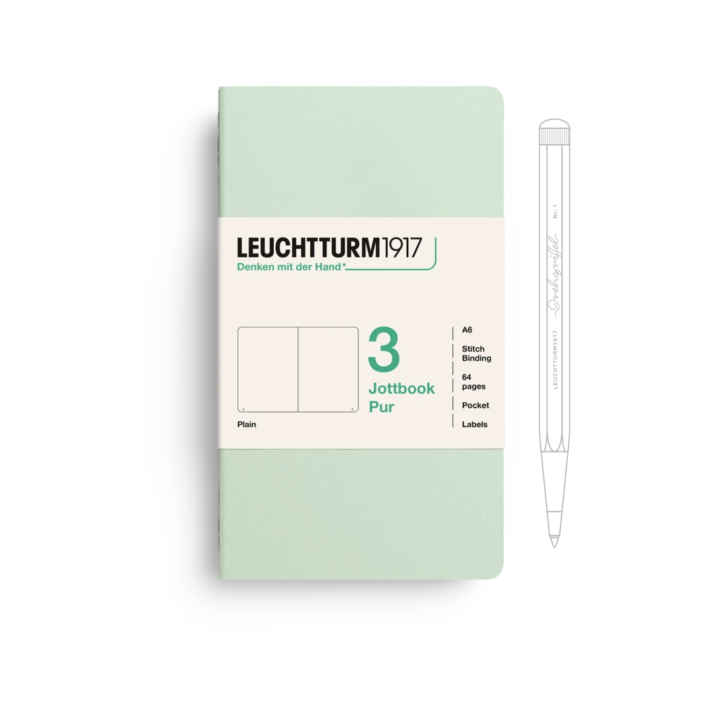 Jottbook pur (A6), 64 numbered pages, plain, Mint Green, pack of 3