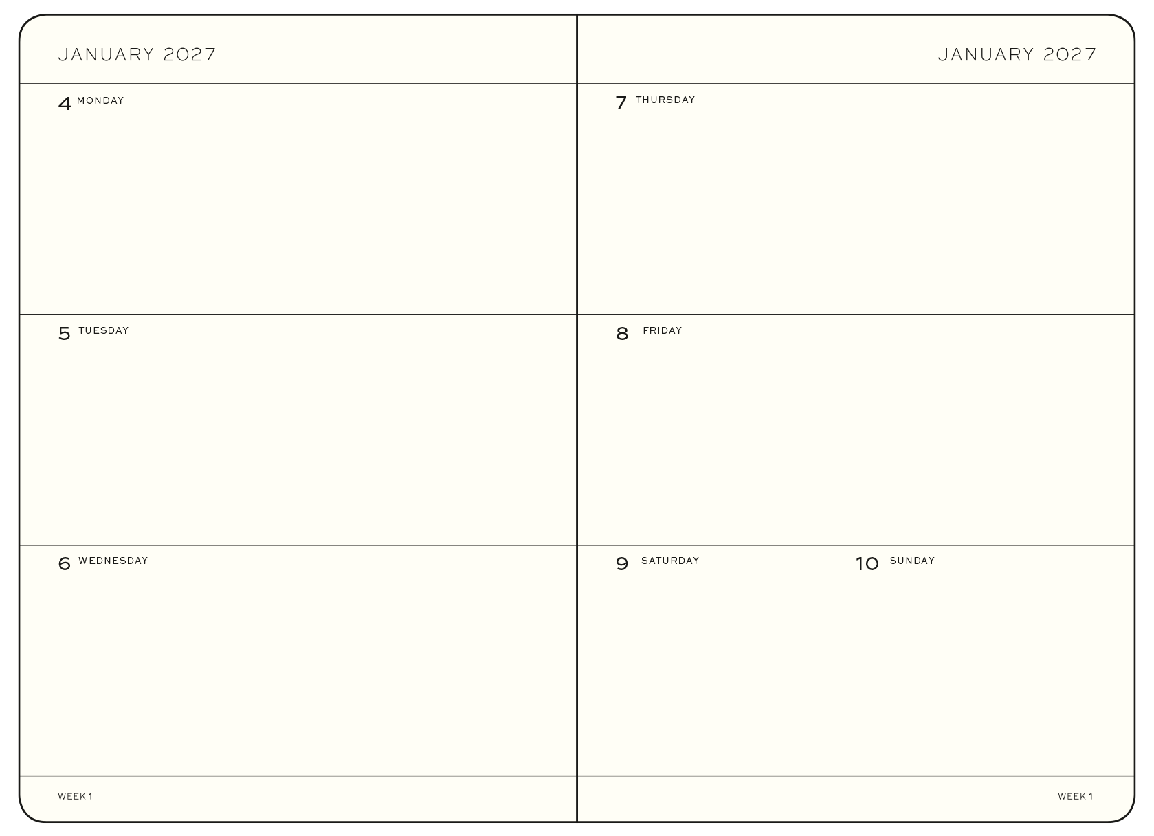 Leuchtturm1917 Kalenderguide Wochenkalender 2027 Medium. Januar Beispielseite eines 2027 englischen Kalenders mit Wochenansicht mit sechs Tagesfeldern, Samstag und Sonntag in einem.