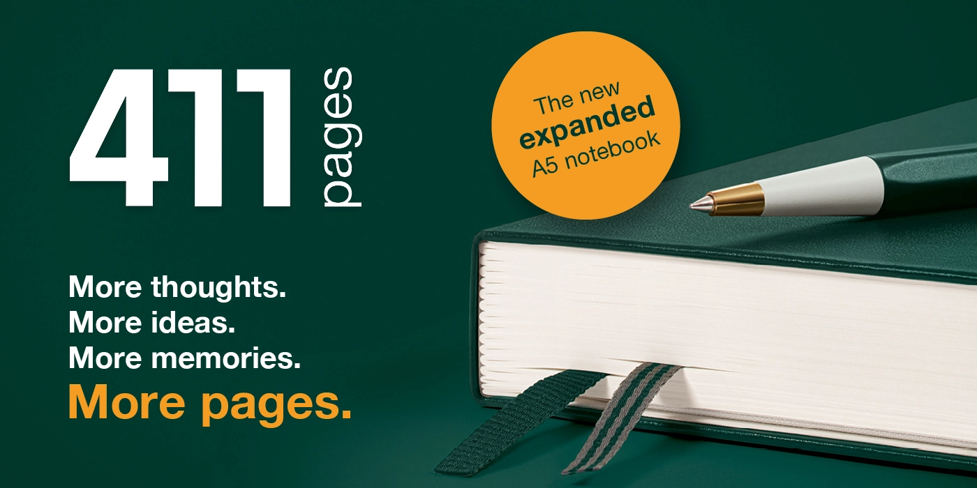 Green notebook with page view, bookmarks, Drehgriffel, text “411 pages” and “More pages.”.