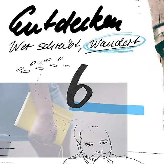 Collage mit einer Person, die ein gelbes Notizbuch in der Hand hält, kombiniert mit einer gezeichneten Figur und handschriftlichen Worten wie „Entdecken“ und „Wer schreibt, wandert“, ergänzt durch kleine grafische Schritte und farbige Akzente.