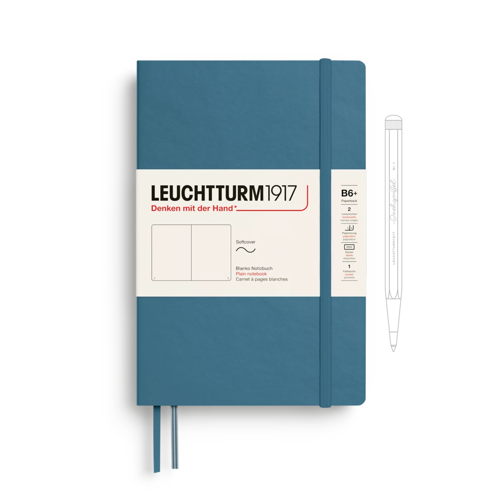 Notizbuch Paperback (B6+), Softcover, 123 nummerierte Seiten, Stone Blue, Blanko