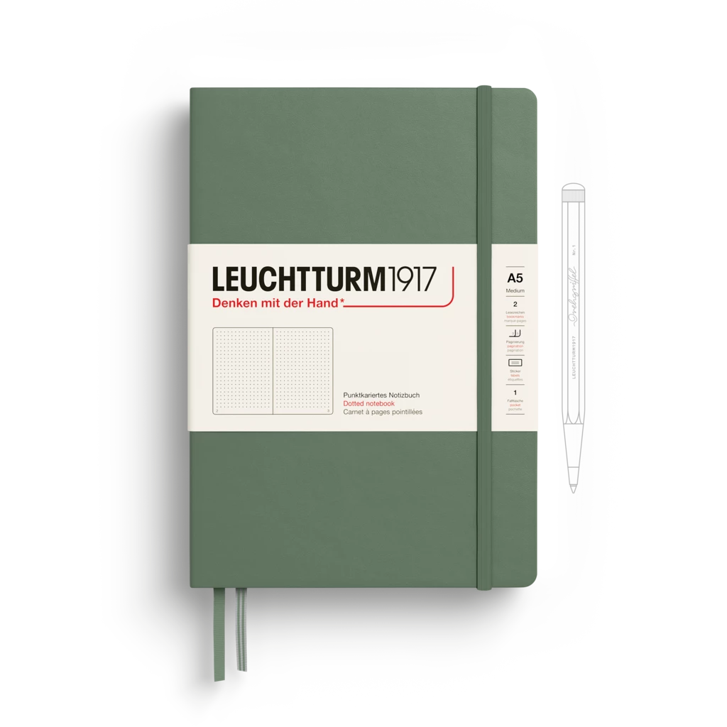 Notizbuch Medium (A5), Hardcover, 251 nummerierte Seiten, Olive, dotted