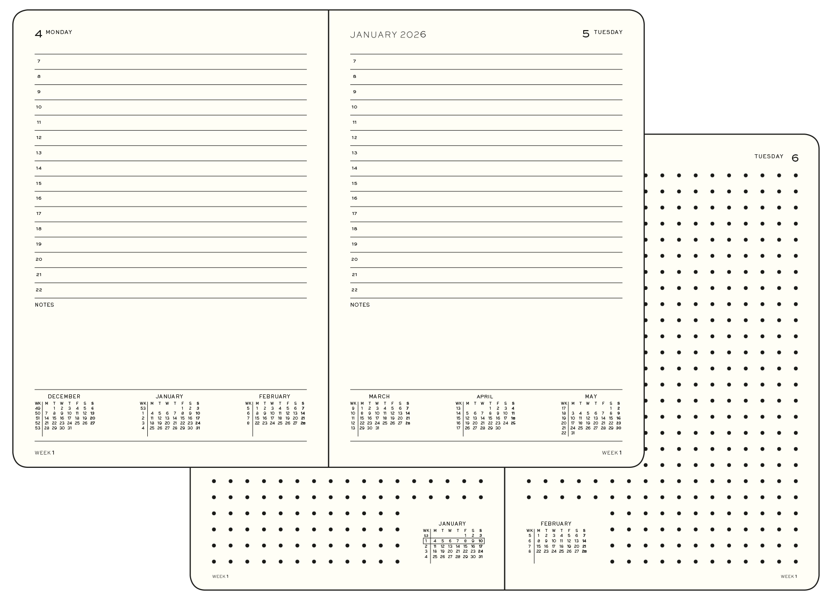 TK_Rubrik_2027_EN_chamois Beispielseite eines englischen Tageskalenders mit nummerierten Zeilen, im Hintergrund Tageskalender mit gepunkteter Seite.