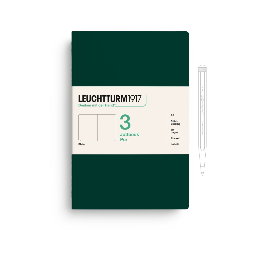Jottbook pur (A5), 80 numbered pages, plain, Forest Green, pack of 3