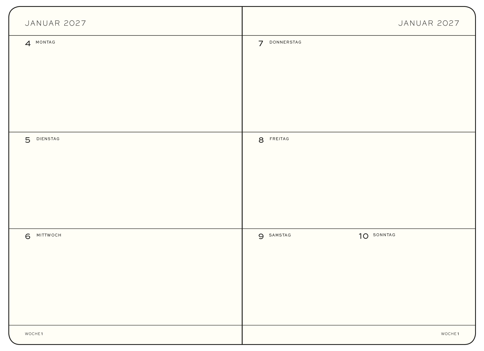 Januar Beispielseite eines 2027 Kalenders mit Wochenansicht mit sechs Tagesfeldern, Samstag und Sonntag in einem.