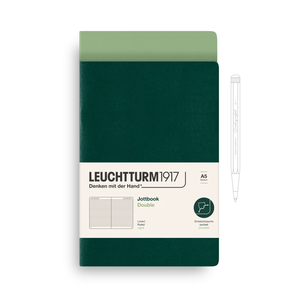 Jottbook (A5), 59 nummerierte Seiten, Liniert, Salbei und Forest Green, im Doppelpack