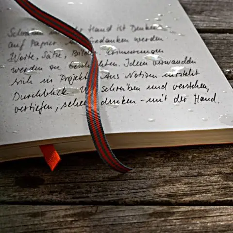 leuchtturm1917_outlines_detail Open notebook with handwritten text, ribbon bookmark and water droplets, on a wooden surface.