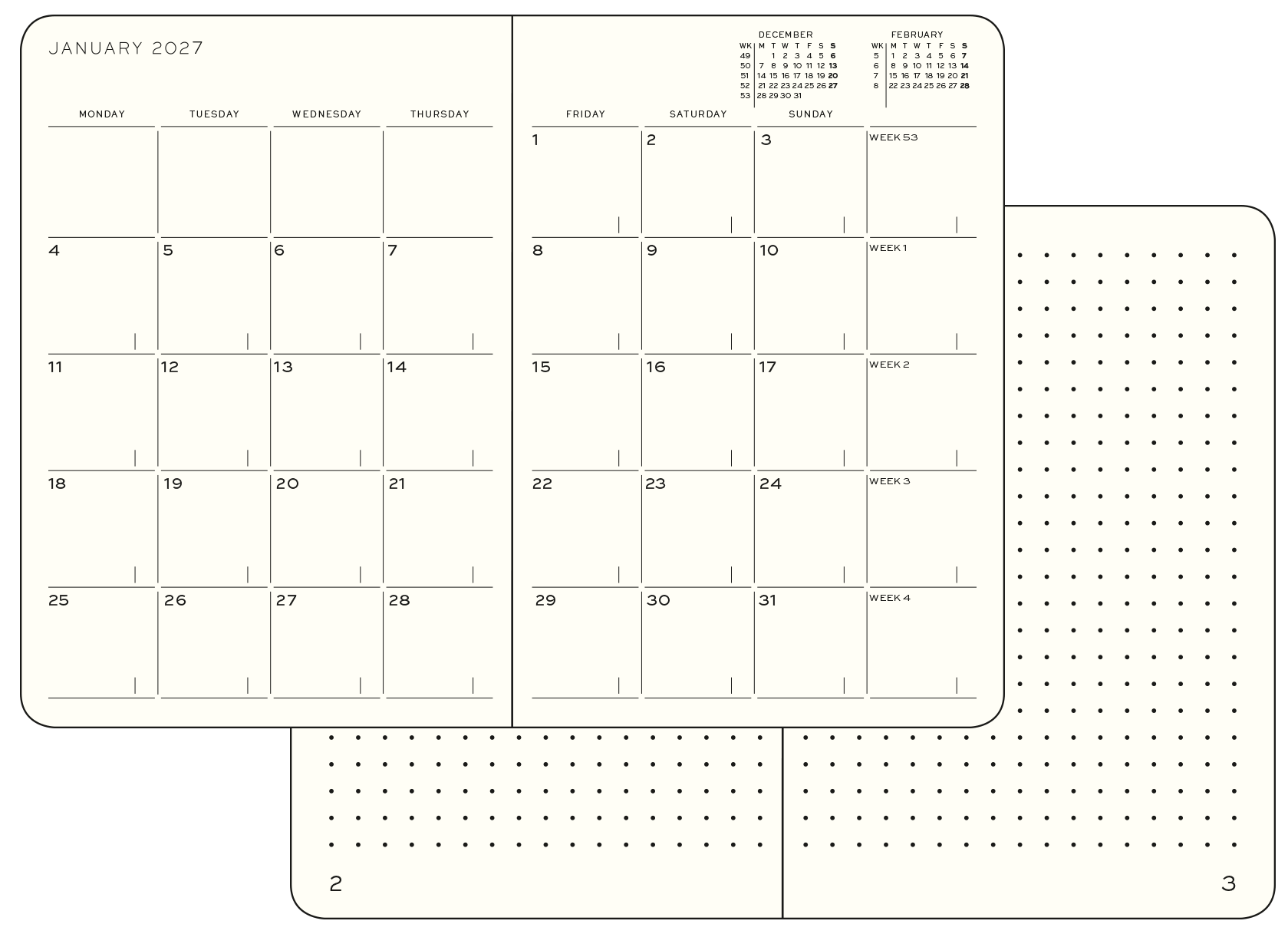 Leuchtturm1917 Kalenderguide: Monatsplaner mit Notizbuch 2027 Englisch. Beispielseite eines Kalenders des Monats Januar mit einem Feld pro Tag, Wochentage als Überschriften, dahinter gepunktete Seite.
