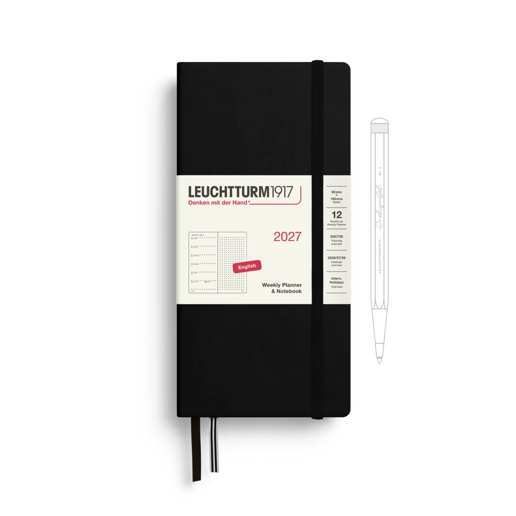 Wochenkalender & Notizbuch Dotted Wallet (B6+ x A6) 2027, Schwarz, Englisch