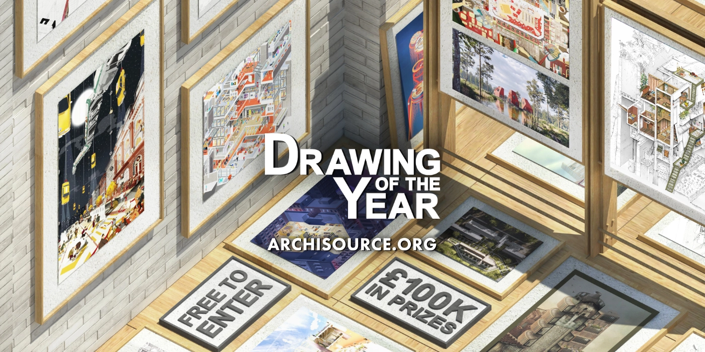 Archisource Drawing of the Year Wettbewerb 2024 Exhibition room with framed architectural drawings, text “Drawing of the Year” and “archisource.org”.