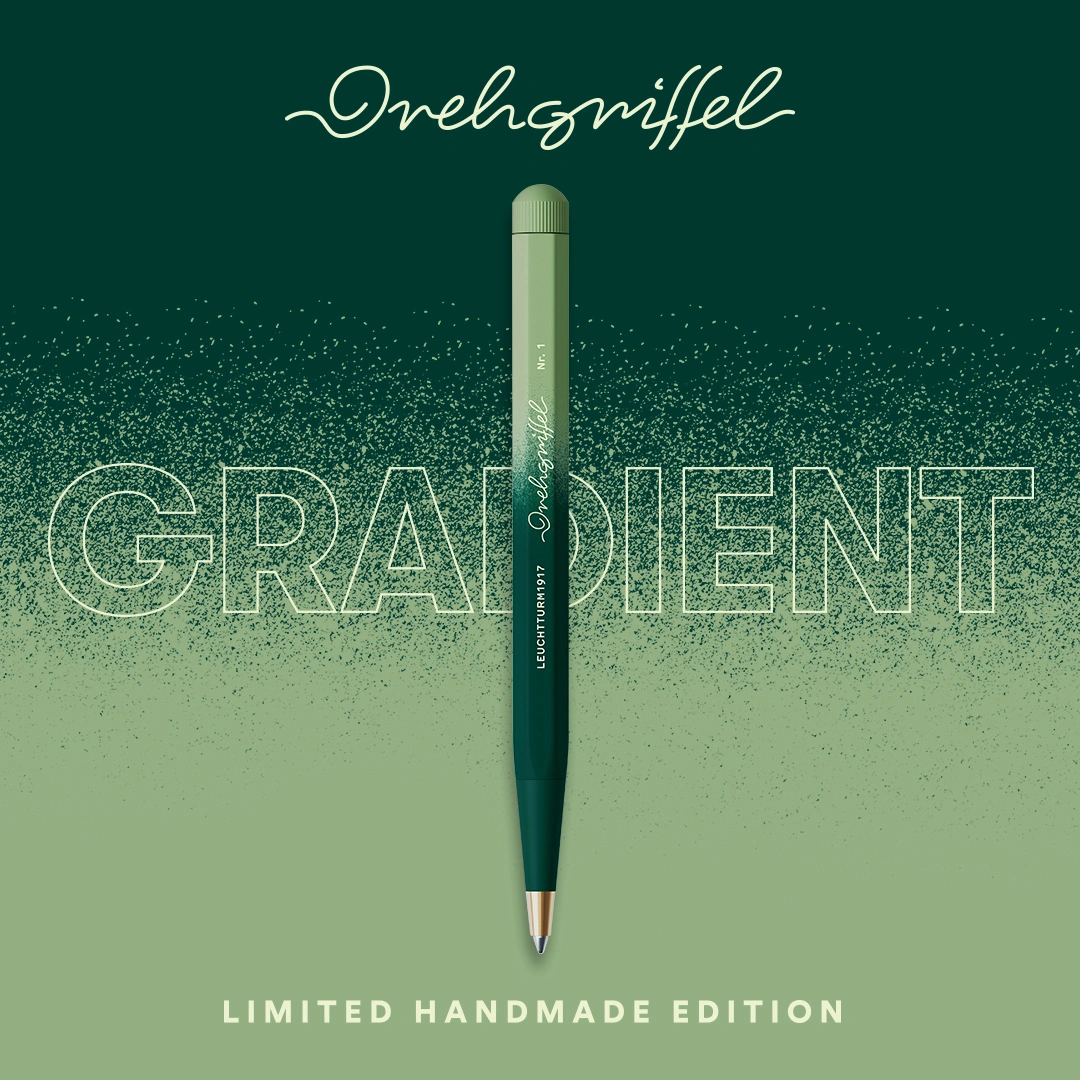 Leuchtturm1917 Drehgriffel Limited Handmade Edition in Grün. Green graphic with gradient Drehgriffel, texts “Drehgriffel”, “GRADIENT” and “LIMITED HANDMADE EDITION”.