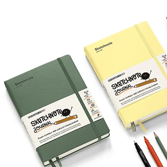 leuchtturm1917_sketchnote_journal_cover Two notebooks in green and yellow with “Sketchnote Journal” embossing at the top left, elastic band and bookmark.