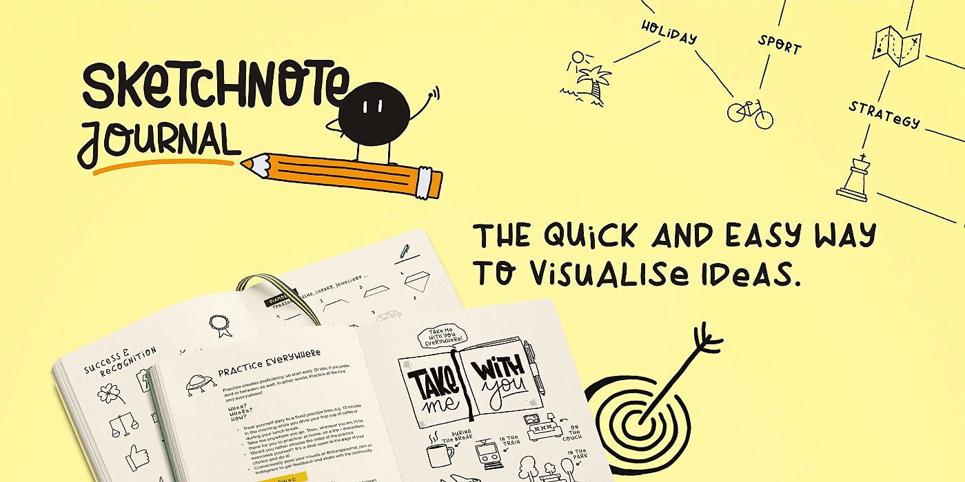 leuchtturm1917_sketchnote_journal_hero-eng Graphic illustration with text “Sketchnote Journal” and “The quick and easy way to visualise ideas”.