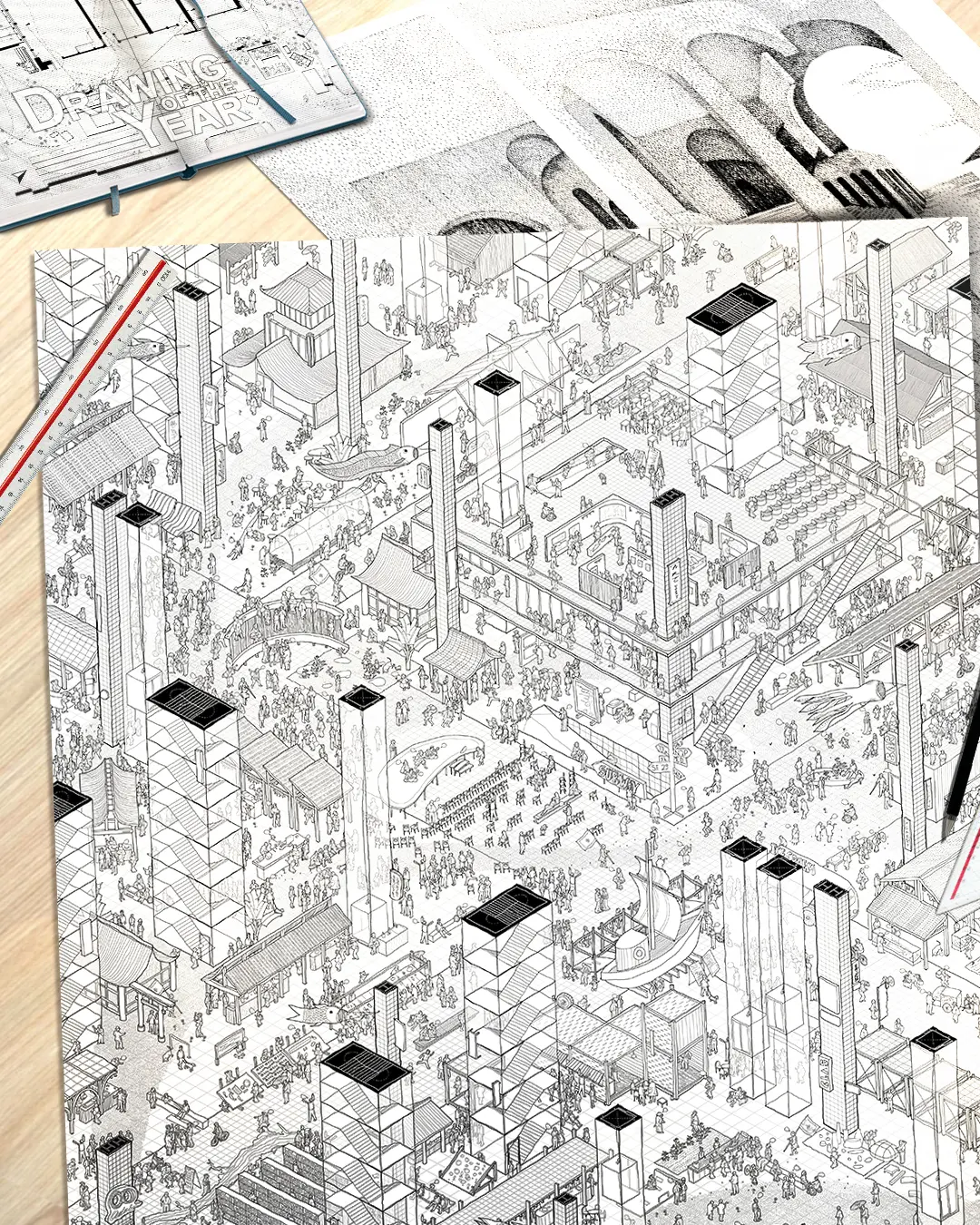 Archisource Drawing of the Year 2024 – detaillierte Architekturzeichnung in Isometrie. Isometric black-and-white drawing of a very dense city with many buildings and people.