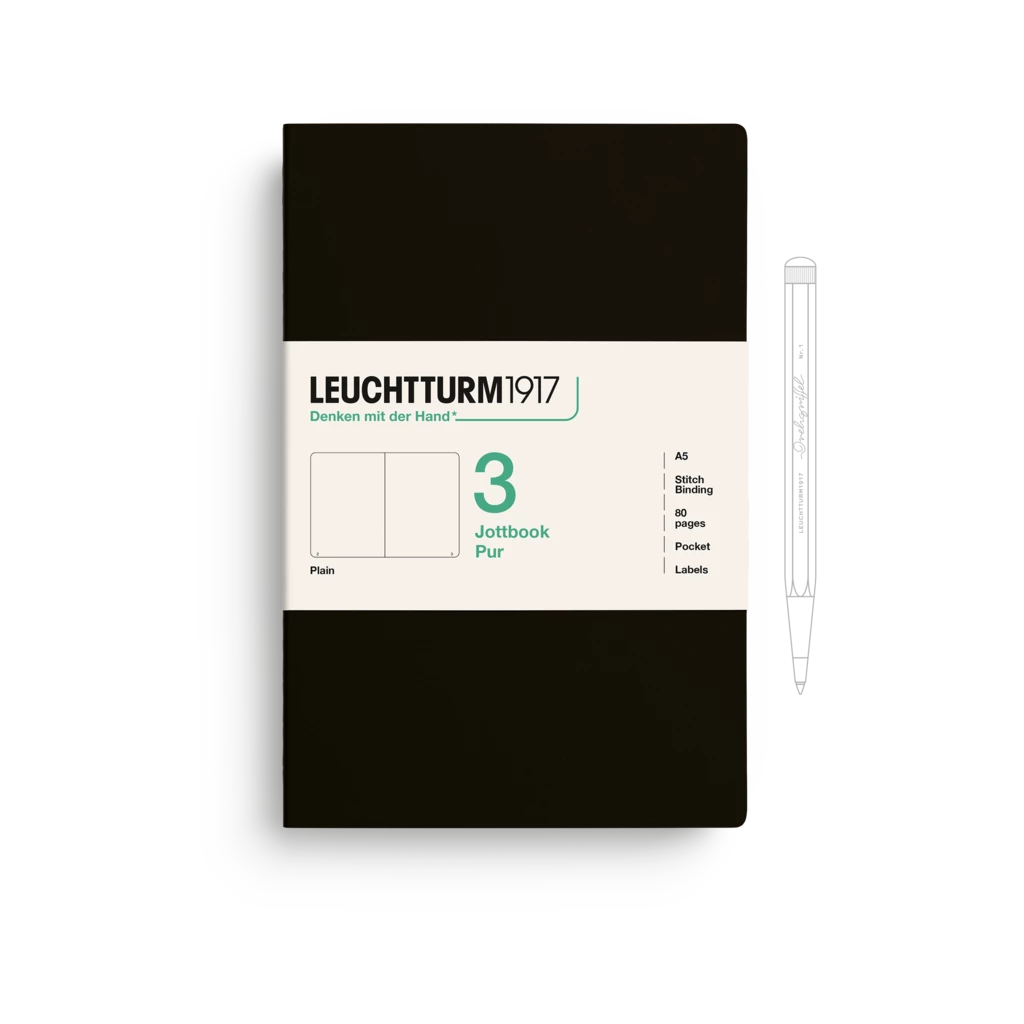 Jottbook pur (A5), 80 numbered pages, plain, Black, pack of 3