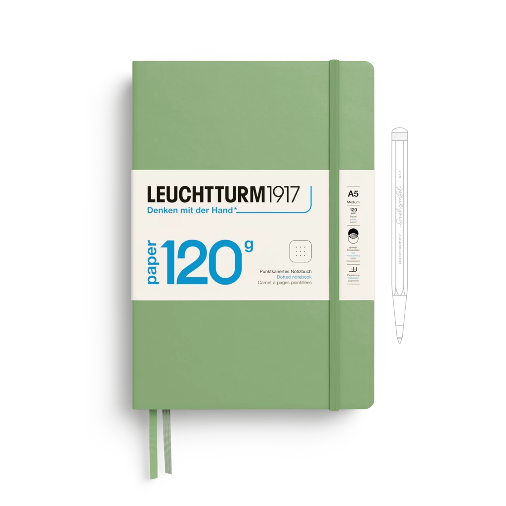 Notizbuch Medium (A5), 120g Edition, Hardcover, 203 nummerierte Seiten, Salbei, dotted Notizbuch Medium (A5), 120g Edition, Hardcover, 203 nummerierte Seiten, Salbei, dotted