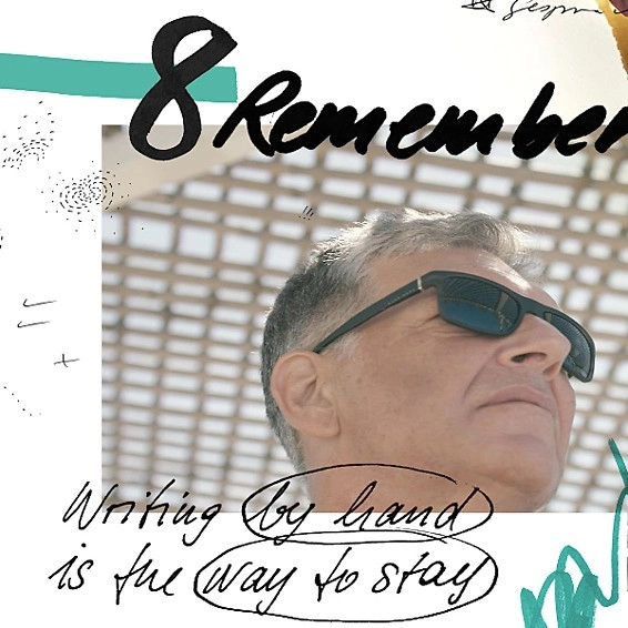 Graphic collage with man, number 8 and text “Remember – Writing by hand is the way to stay”.