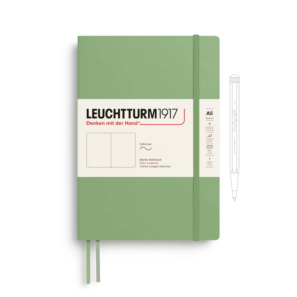 Notizbuch Medium (A5), Softcover, 123 nummerierte Seiten, Salbei, Blanko Notizbuch Medium (A5), Softcover, 123 nummerierte Seiten, Salbei, Blanko