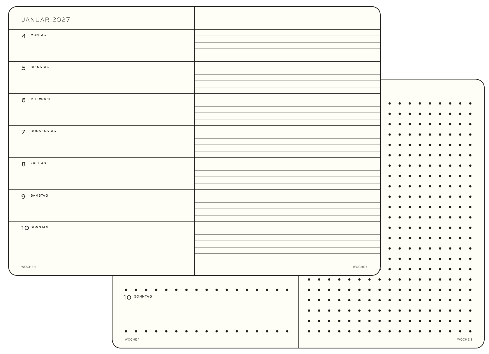 Leuchtturm1917 Kalenderguide: Wochenkalender mit Notizbuchseite - Lineaturvergleich. Januar Beispielseite eines 2027 Kalenders mit Wochenaufteilung, eine Seite Tage, andere Seite liniert, im Hintergrund gleicher Aufbau mit gepunkteter Seite.