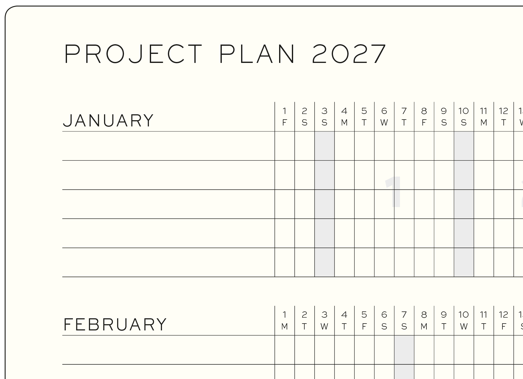 Kalenderguide englischer Projektplan-Ansicht 2027. Projektplan 2027, englischer Kalender mit Monatsübersichten und Zeitachsen.
