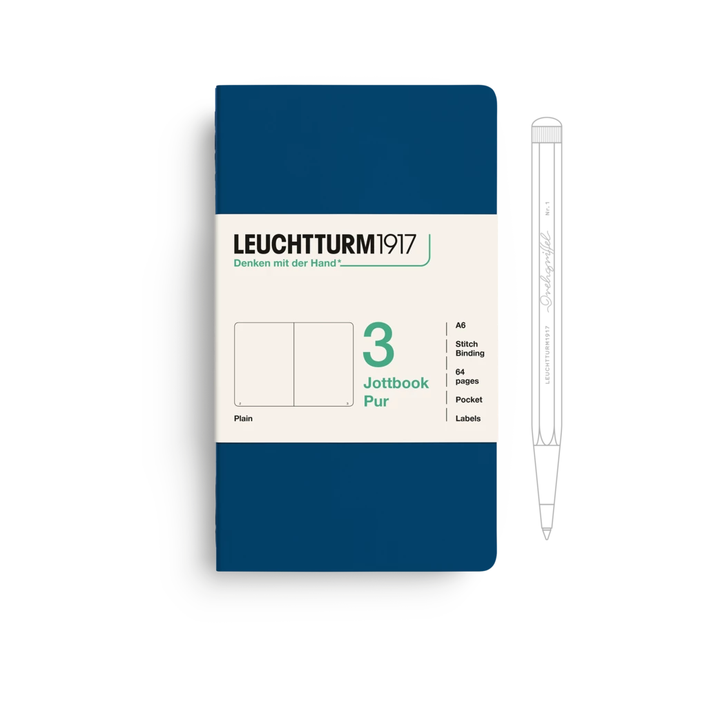 Jottbook pur (A6), 64 nummerierte Seiten, Blanko, Indigo, im Dreierpack
