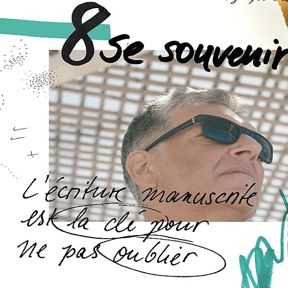 Denken mit der Hand, Illustration Erinnern. Personne avec lunettes de soleil dans un collage graphique avec le texte « 8 Se souvenir – L’écriture manuscrite est la clé pour ne pas oublier ».