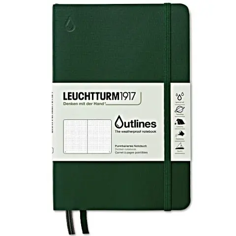leuchtturm1917_outlines_Walden-Green Dark green notebook with water drop embossing at the top left, elastic band, product label and two ribbon bookmarks.
