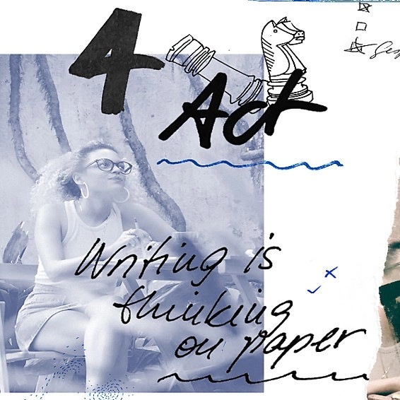 Denken mit der Hand Illustration Machen. Thoughtful person in graphic collage with text “4 Act – Writing is thinking on paper”.