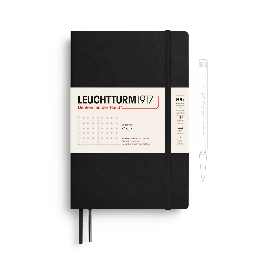 Notebook Paperback (B6+), Softcover, 123 numbered pages, Black, dotted