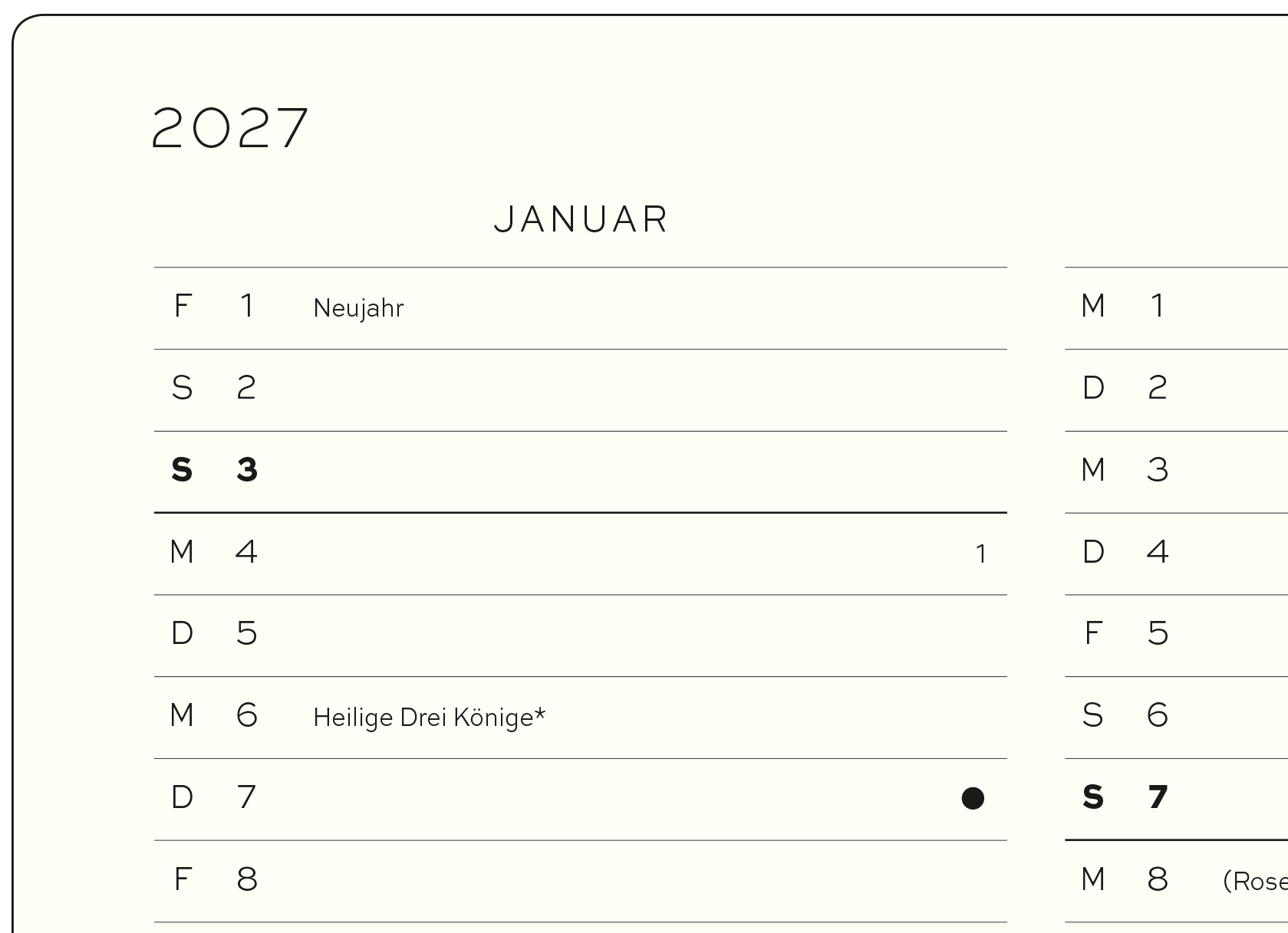 Detailansicht der ersten Woche des Monats Januar in einer Monats-Jahres Übersicht.