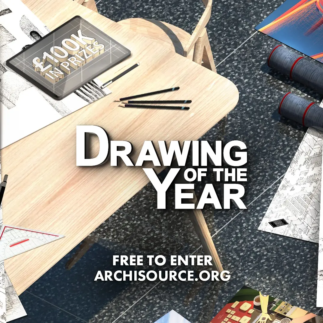 Drawing of the Year Wettbewerb von Archisource. Top view of a desk with pencils and sketches, text “Drawing of the Year” and “Free to enter”.