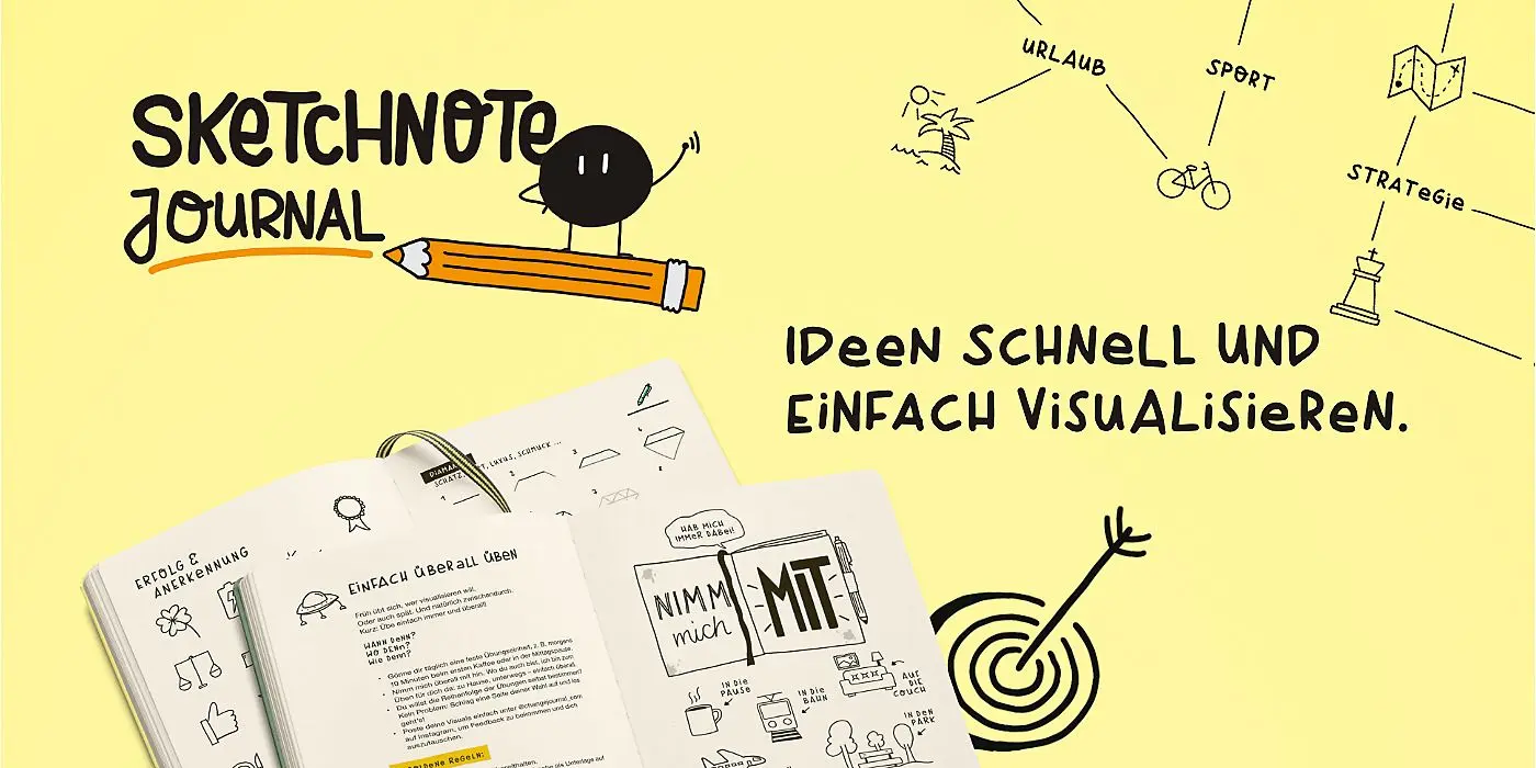 leuchtturm1917_sketchnote_journal_hero Grafische Darstellung mit Text „Sketchnote Journal“ und „Ideen schnell und einfach visualisieren“.