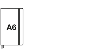 Pictogram of a notebook format with elastic band and bookmark, text A6.