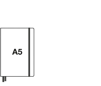 Pictogram of a notebook format with elastic band and bookmark, text A5.
