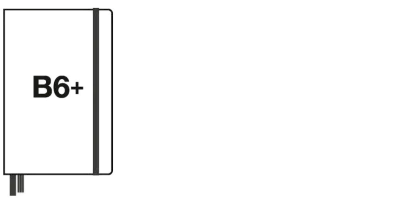 Pictogram of a notebook format with elastic band and bookmark, text B6+.