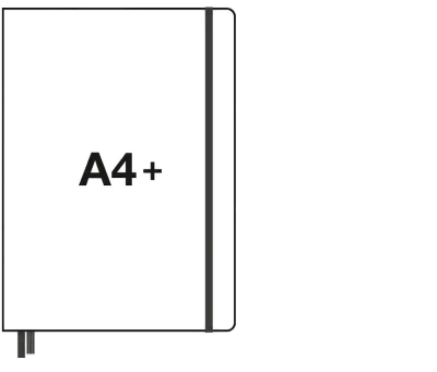  Pictogram of a notebook format with elastic band and bookmark, text A4+.